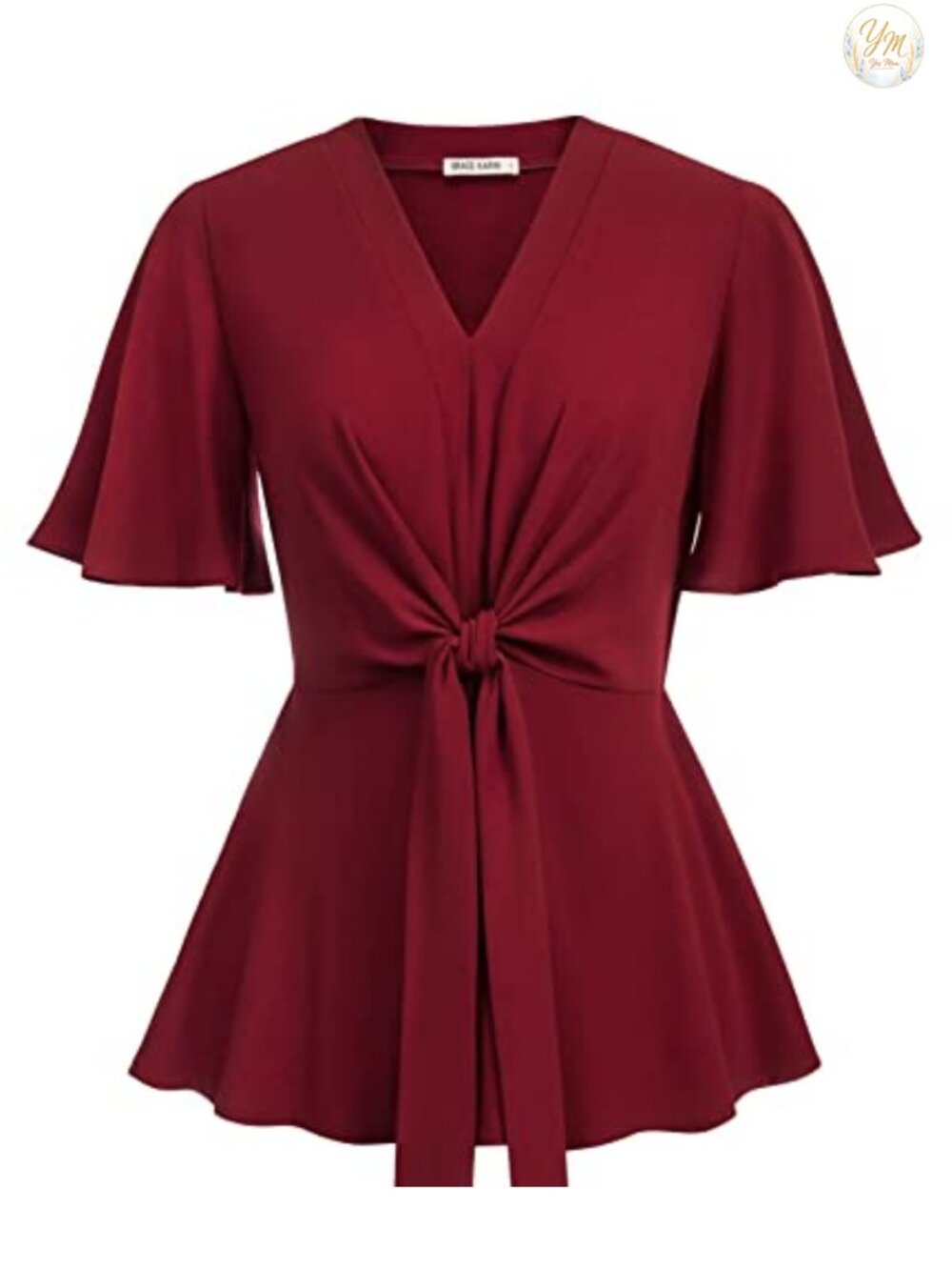 Elegant V-Neck Tie Waist Flowy Peplum Blouse, Short Bell Sleeve, Elastic Waist,